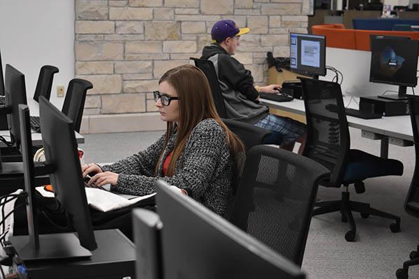 A female student using one of the computers in the Shake Learning Resource Center to complete an assignment